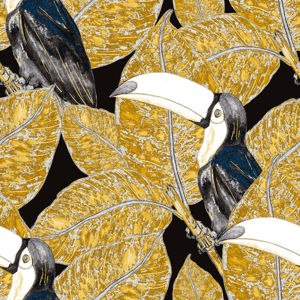 Acquerello modello senza soluzione di continuità con toucan. Esotici carta da parati giungla botanica con uccelli tropicali e foglie. Luminoso sfondo modello estivo. - Foto, immagini