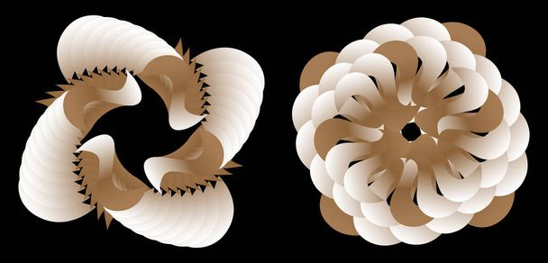 Los elementos curvos beige y blanco se acoplan y distribuyen rítmicamente en un círculo, creando una forma 3D sobre un fondo negro. Estilo de papel. Conjunto de elementos gráficos abstractos. Vector. - Vector, imagen