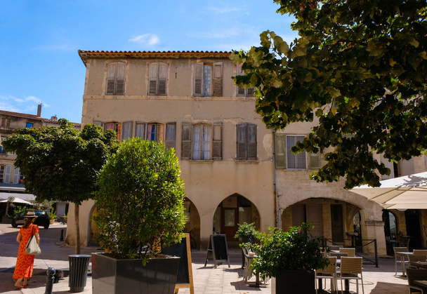 Villeneuve Les Avignon, Ptovence, Fransa turizm köyü. Köy meydanında bir bar var. Parlak kırmızı elbiseli köpeği olan bir kadın.. - Fotoğraf, Görsel
