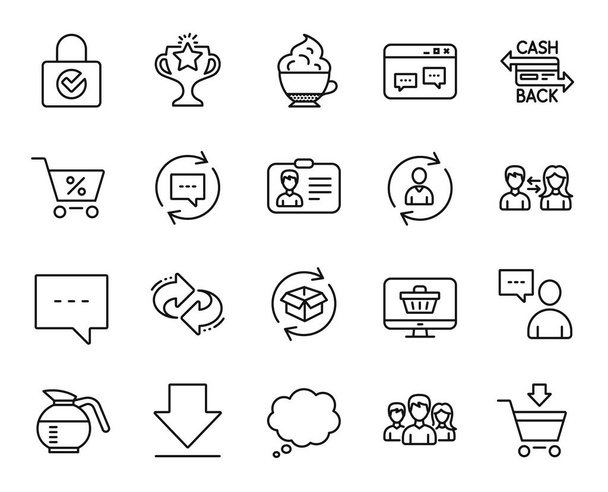 Vector set of Web shop, Special offer and People communication line icons set. Blog, Teamwork and Coffeepot icons. Refresh, Victory and Online market signs. Web shop web symbol. Vector - Vector, Image