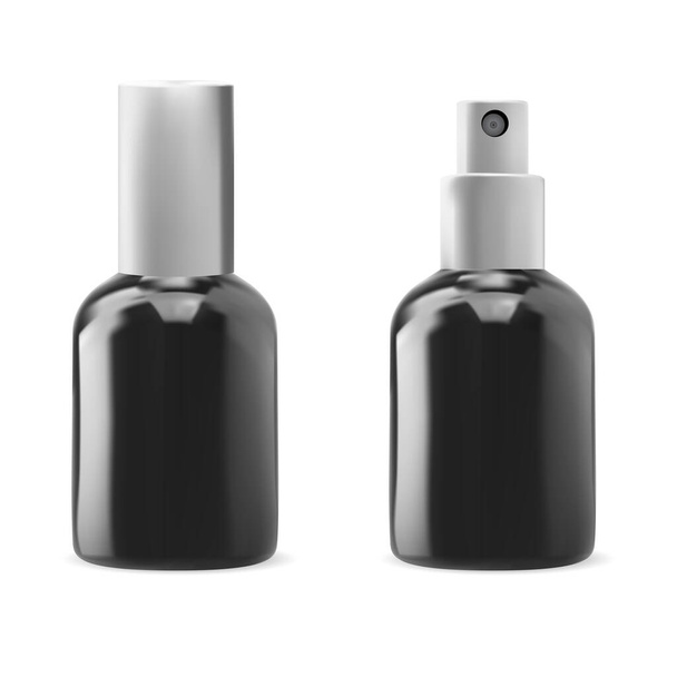 Cosmetic serum spray bottle. Small beauty essence packaging. Black glass airless pump container, skin toner advertising. Essential fragrance package, body skin serum - Vector, Image
