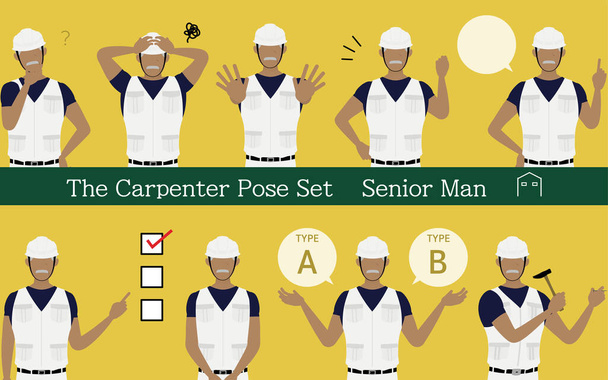 Pose set for senior man carpenter, questioning, worrying, encouraging, pointing, etc. - Vector, Image