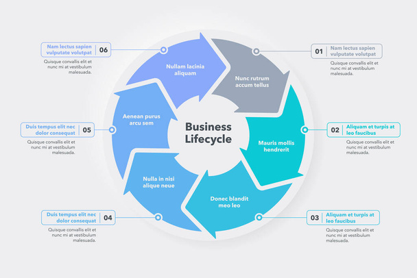 Modelo de ciclo de vida do negócio com seis passos coloridos. Fácil de usar para o seu site ou apresentação. - Vetor, Imagem