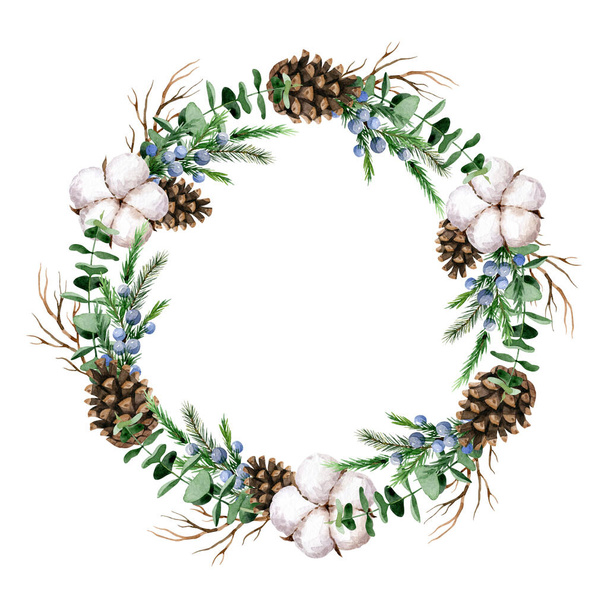 Watercolor Christmas wreath in minimalistic Scandinavian style with greenery, eucalyptus, cones, cotton flowers. Round holiday frame for invitations, greeting cards. Boho lifestyle. - Foto, afbeelding