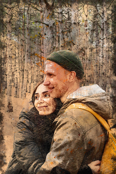 Happy young heterosexual family. Man and woman embracing while hiking in an autumn forest. Digital watercolor painting - Foto, imagen