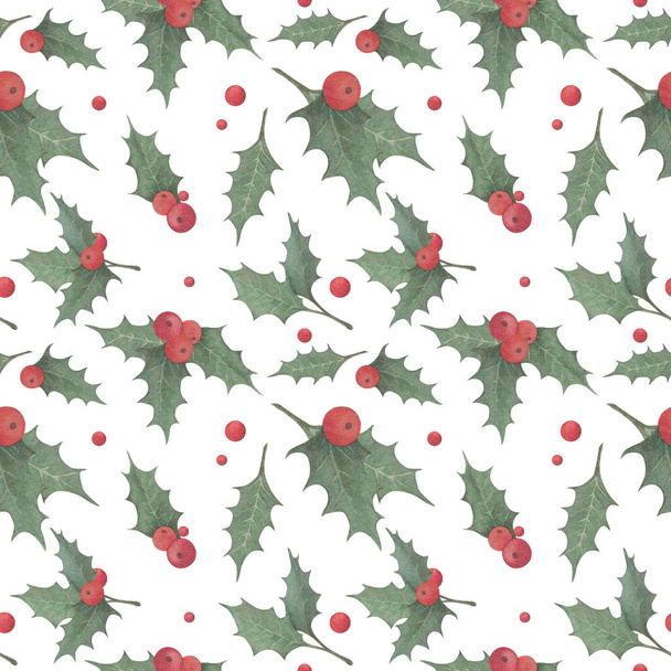 Zimowy akwarela bezszwowy wzór z jagodami ostrokrzewu - Zdjęcie, obraz