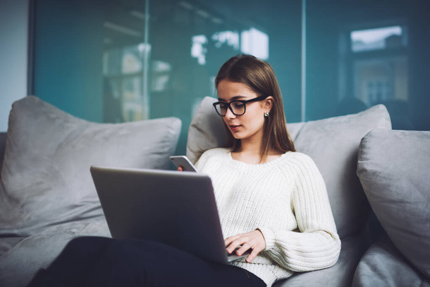 Concentrated female freelancer with laptop on lap chatting on mobile phone while sitting on sofa with cushions in comfortable pose - Foto, imagen