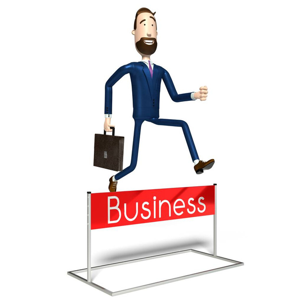 Hipster postać z kreskówki biznesmen przeskakuje przez przeszkodę - koncepcja biznesu - ilustracja 3D - Zdjęcie, obraz