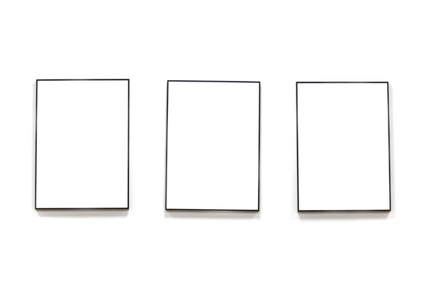 Tres pinturas en blanco en un marco negro en una pared blanca. - Foto, Imagen