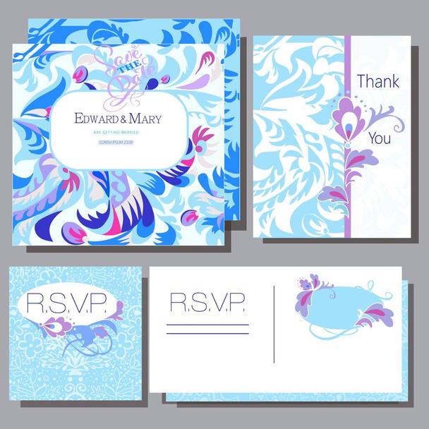 conjunto de cartões de convite de casamento decorativos com pintura popular - Vetor, Imagem