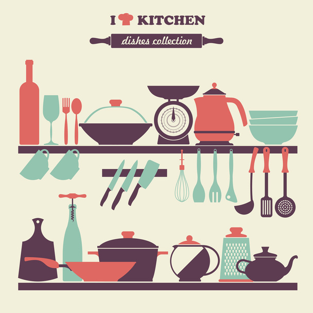 Vintage kitchen dishes icons set - Vector, Image