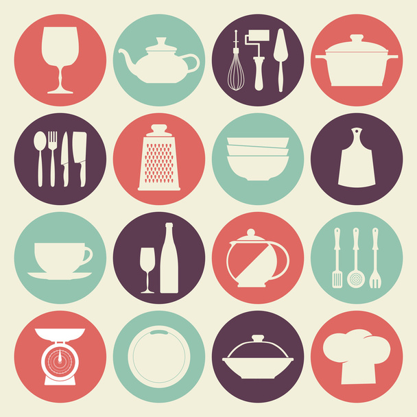 Vintage kitchen dishes icons set - Wektor, obraz
