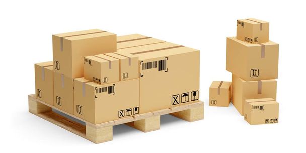 Carton cardboard boxes on wooden pallet and heap of boxes over white background, freight, cargo, delivery or storage concept, 3D illustration - Фото, зображення