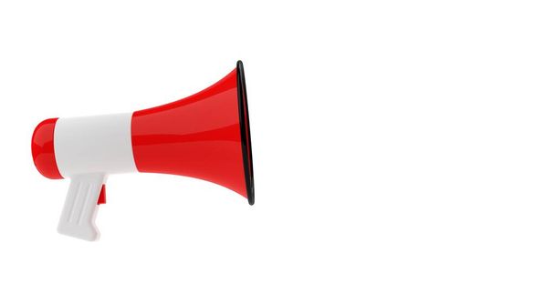 Red and white megaphone or bullhorn flat lay over white background, business announcement or communication concept, top view from above, 3D illustration - Φωτογραφία, εικόνα