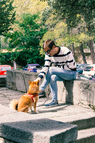 young man touching a dog (shiba Inu) in the park during a sunny day - Fotografie, Obrázek