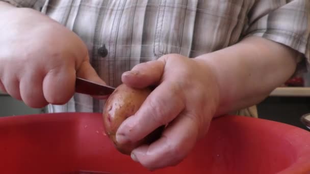 der Koch schält eine Kartoffel mit einem Messer  - Filmmaterial, Video