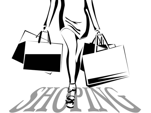 black and white vector illustration of a walking woman silhouette with shopping for banners, advertising posters and flyers decoration - Vector, Image