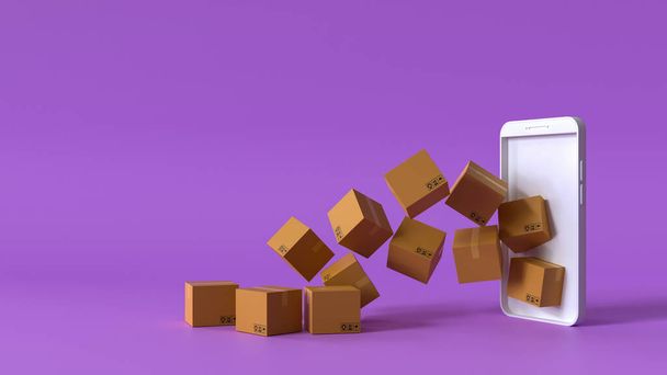 A lot of cardboard box come out from white mobile phone on purple background, online shopping concept 3d rendering - Photo, Image