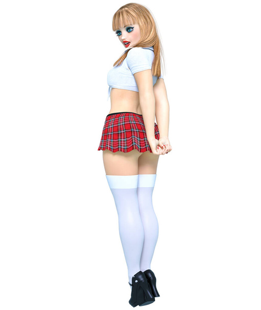 Beautiful young woman posing photo shoot.Short red skirt cage, white stocking blouse.Long hair.School sexy fetish uniform.Conceptual fashion art.3D render - Fotografie, Obrázek