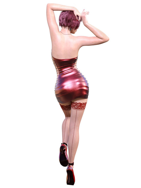 Beautiful woman red short evening latex mini dress and stocking.Summer clothes collection.Woman studio photography.Conceptual fashion art.Femme fatale.3D Render. - Zdjęcie, obraz