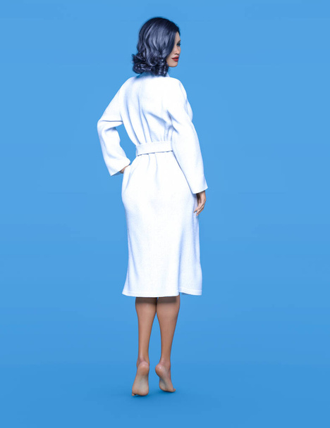 Brunette woman in white bathrobe. Healthy lifestyle. Conceptual fashion art. 3D Render. - Φωτογραφία, εικόνα