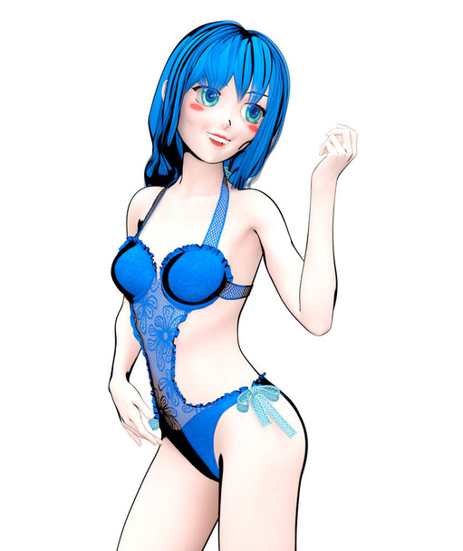 3D sexy anime doll japanese schoolgirl in swimsuit.Comic cosplay hero.Cartoon, comics, manga illustration.Conceptual fashion art.Isolate render - Foto, immagini
