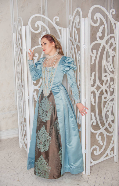 Όμορφη νεαρή γυναίκα σε μεσαιωνικό στυλ μπλε φόρεμα στο δωμάτιο κοντά στην οθόνη - Φωτογραφία, εικόνα
