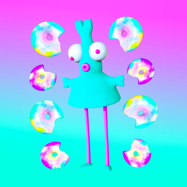 Minimalistic stylized collage art. 3d character funny Lady and donuts. Sweet lover Candy concept - Foto, Imagem