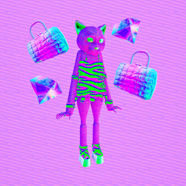 Minimalistic stylized collage art. 3d character fashion Lady Kitty. Shopping online concept. - 写真・画像
