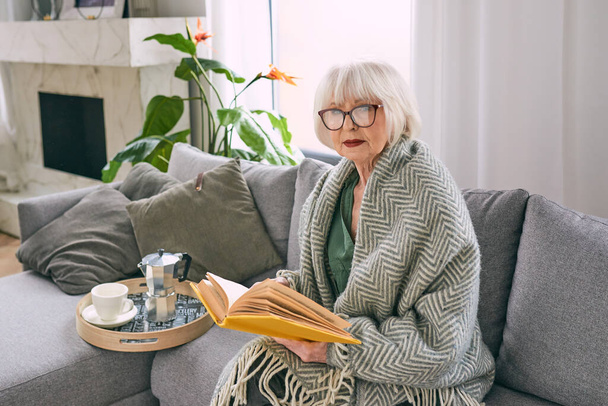 joyeuse femme âgée assise sur le canapé lisant un livre à la maison. Éducation, mature, concept de loisirs - Photo, image