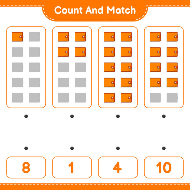 Tel en match, tel het aantal portemonnees en match met de juiste nummers. Educatieve kinderen spel, Werkblad afdrukken, vectorillustratie - Vector, afbeelding