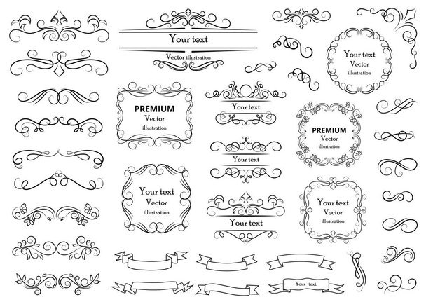 Calligraphic design elements . Decorative swirls or scrolls, vintage frames , flourishes, labels and dividers. Retro vector illustration - Vektor, Bild