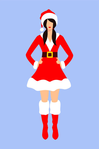 Красивая миссис Клаус с хвостиками в коротком красно-белом платье, шляпа и обувь на синем фоне. Рождественский персонаж Плоская векторная иллюстрация - Вектор,изображение