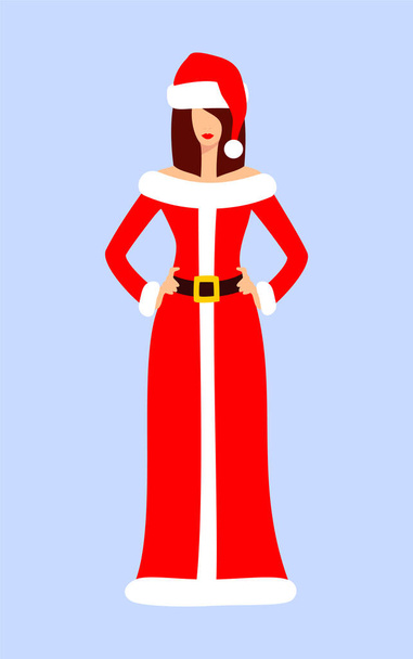 Piękna brązowłosa pani Mikołajowa w czerwieni z białą sukienką i kapeluszem na niebieskim tle. Świąteczny charakter. Ilustracja wektora płaskiego - Wektor, obraz