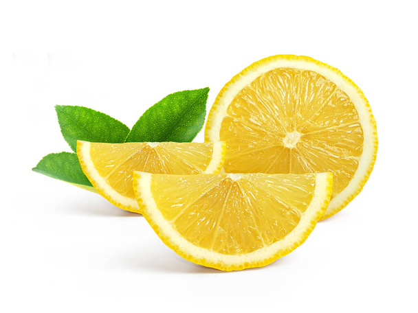 Ripe slice of yellow lemon citrus fruit isolated on white background with clipping path - Photo, image