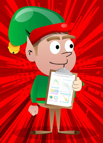 Elfo de Natal mostra relatório financeiro. Desenho animado do vetor ilustração do pequeno trabalhador do Papai Noel, ajudante. - Vetor, Imagem