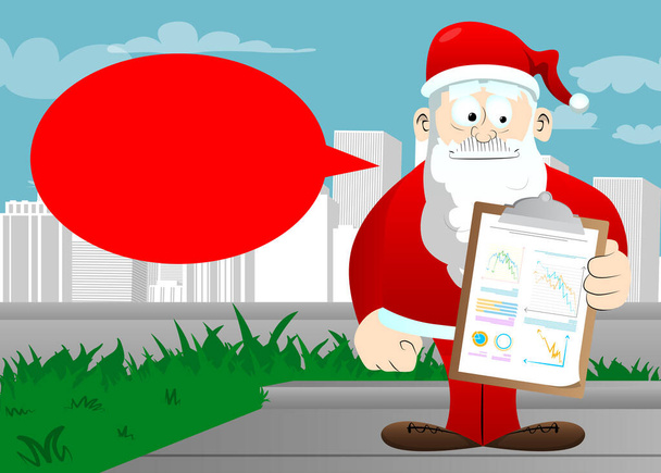 Père Noël dans ses vêtements rouges avec barbe blanche montre rapport financier. Illustration vectorielle de personnage de dessin animé. - Vecteur, image
