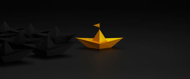 Концепция лидерства. Золотая бумага корабль среди черного на черном фоне. Трехмерная иллюстрация - Фото, изображение
