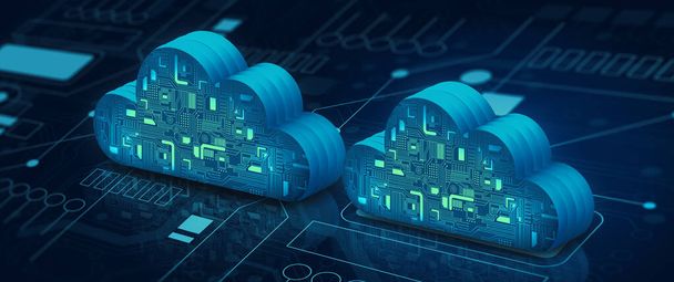 Cloud Computing Technology internet lähentymässä pisteen piiri Abstrakti sininen tausta. Pilvipalvelu, pilvitallennuskonsepti. 3D-kuva. - Valokuva, kuva