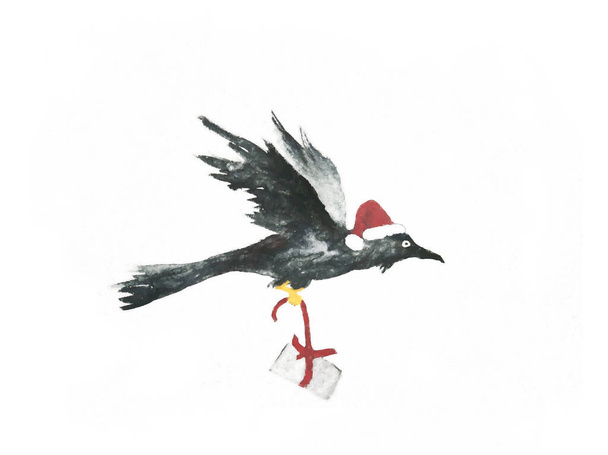 Иллюстрация милого ворона в шляпе Санты, летящего с рождественским пакетом на белом. - Фото, изображение
