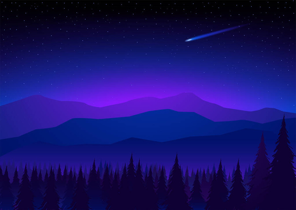 Ορεινό τοπίο με πεφταστέρι στον έναστρο ουρανό - Διάνυσμα, εικόνα