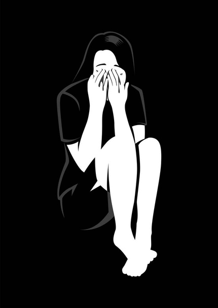 Испуганная молодая женщина сидит на полу с тенью схватить руки в качестве угрозы - Вектор,изображение
