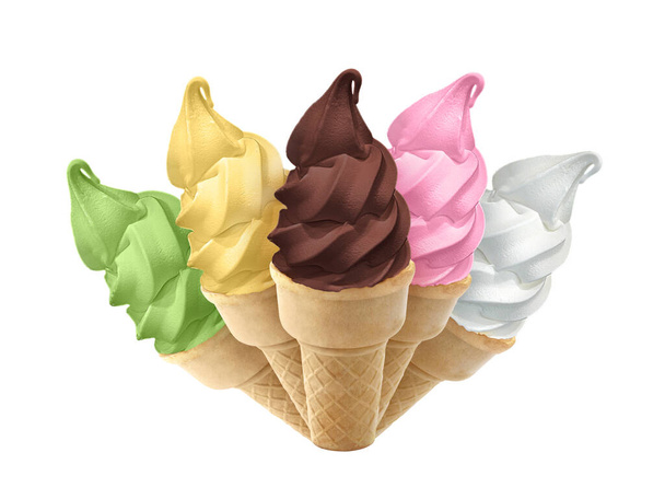 Set of various kinds of ice creams in cones, isolated on white background - Valokuva, kuva