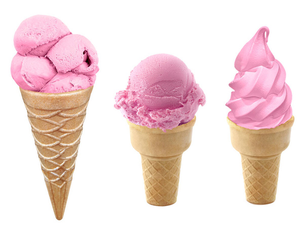 strawberry Ice cream in the cone on white background - Photo, Image