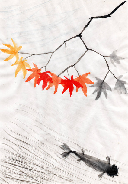 Hand drawn sketch in Japanese and Chinese nature ink illustration sumi-e tradition. Maple tree branch with red and gold yellow autumn leaves and carp fish floating in the pond - Фото, изображение