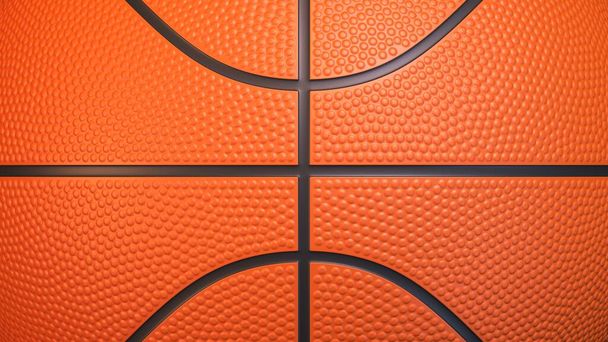 Basketbalové zázemí. Zblízka pohled na oranžový basketbal s realistickou dolíčkovou texturou. 3D vykreslování - Fotografie, Obrázek