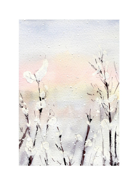 雪と日の出の下の枝と水彩冬のイラスト。繊細な色の雪景色とクリスマスカードテンプレート - 写真・画像