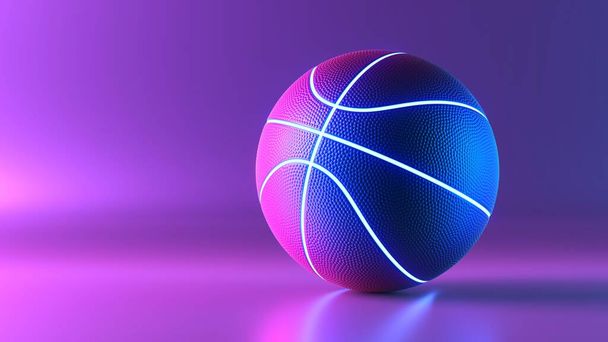 Basketball ball with glowing lines on colorful blue and pink neon light background. Futuristic sport concept. 3d rendering - Фото, зображення