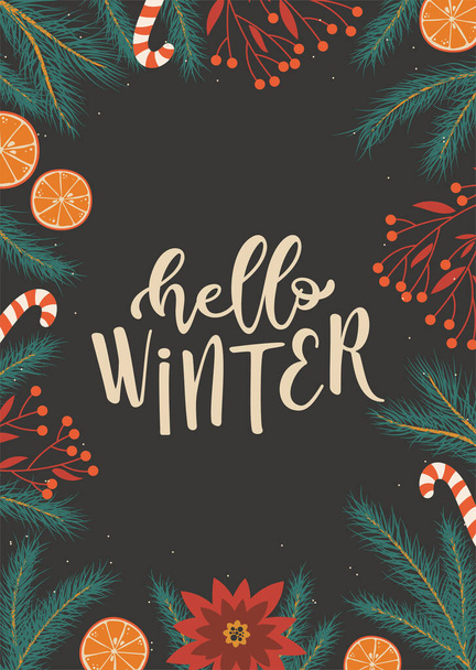Hello Winter kartka z dekoracjami świątecznymi - Wektor, obraz
