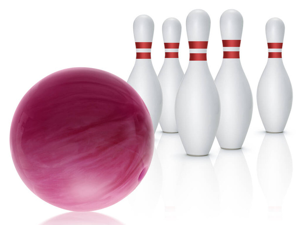 bowlingbal en kegels geïsoleerd op witte achtergrond - Foto, afbeelding